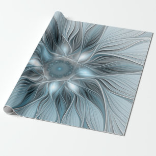 Fröhliche Blumen-Abstrakt Blau-Grau Floral Fraktal Geschenkpapier