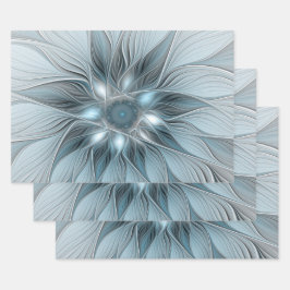 Fröhliche Blumen-Abstrakt Blau-Grau Floral Fraktal Geschenkpapier Set