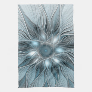 Fröhliche Blumen-Abstrakt Blau-Grau Floral Fraktal Geschirrtuch