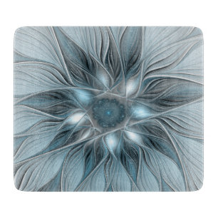 Fröhliche Blumen-Abstrakt Blau-Grau Floral Fraktal Schneidebrett
