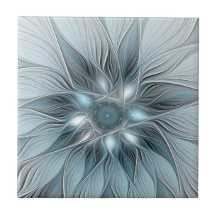 Fröhliche Blumen-Abstraktion Blaugrau Floral Frakt Fliese