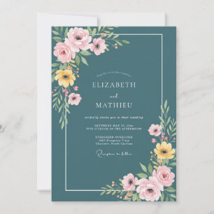 Fröhliche botanische Teal-Hochzeit Einladung