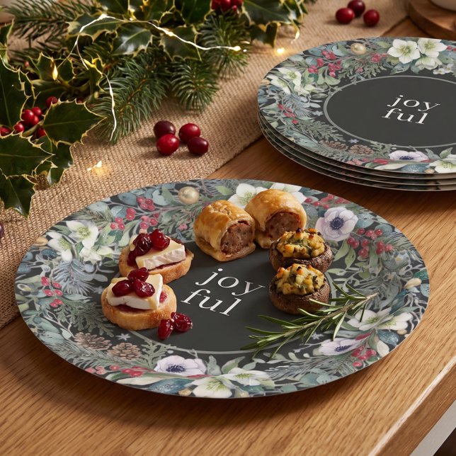 Fröhliche botanische Weihnachten  Pappteller (Joyful Botanical Christmas Paper Plates by Ricaso. Perfect for holiday party buffets or dinner
)