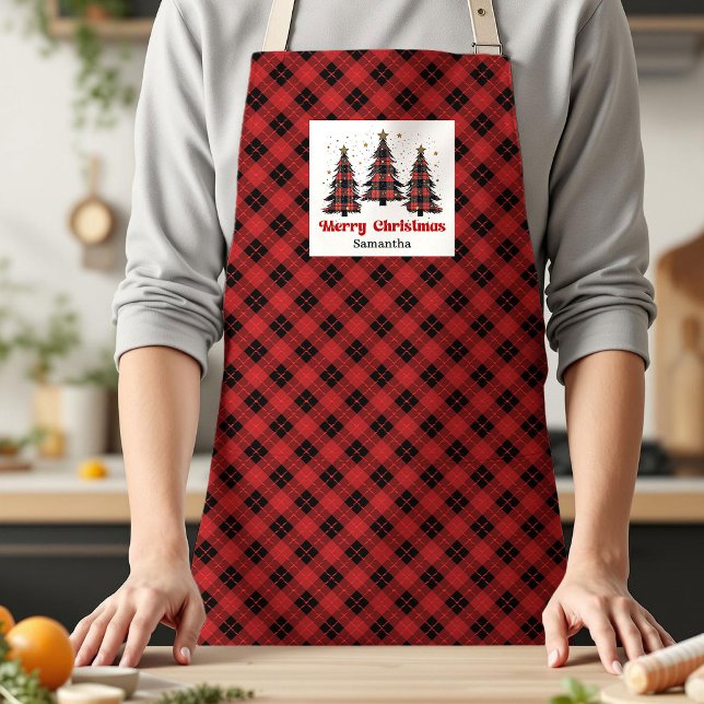 Fröhliche Buffalo-Karo-Baum-Weihnachtsküche mit in Schürze (Joyful Buffalo Plaid Tree Custom Name Xmas Kitchen Apron)