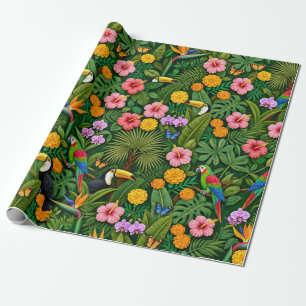 Fröhliche Bunte Dschungelvögel Tropische Blumen Geschenkpapier
