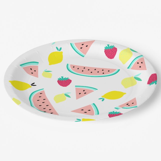 fröhliche, bunte Sommerfrüchte Pappteller (Schrägansicht)