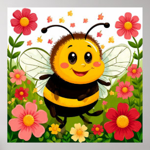 Fröhliche Cartoon Bee umgeben von hellen Blume Poster