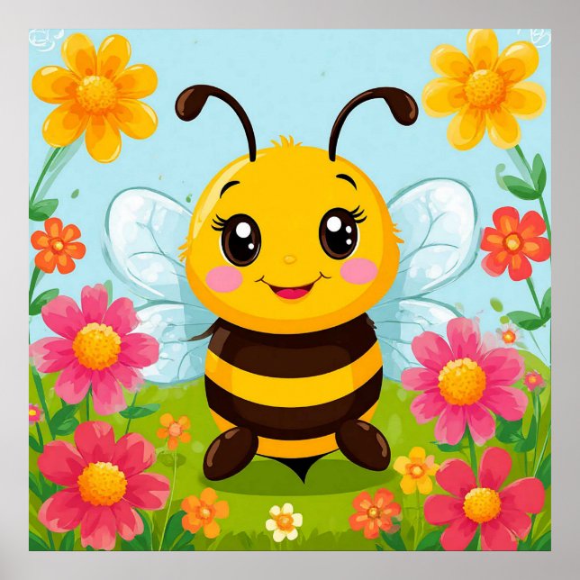 Fröhliche Cartoon Bee umgeben von hellen Blume Poster (Vorne)
