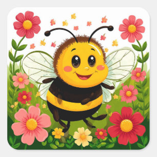 Fröhliche Cartoon-Biene 🐝 Helle Blumenwiese Quadratischer Aufkleber