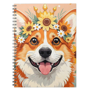 Fröhliche Corgi-Hundekrone aus Gänseblumen und Son Notizblock