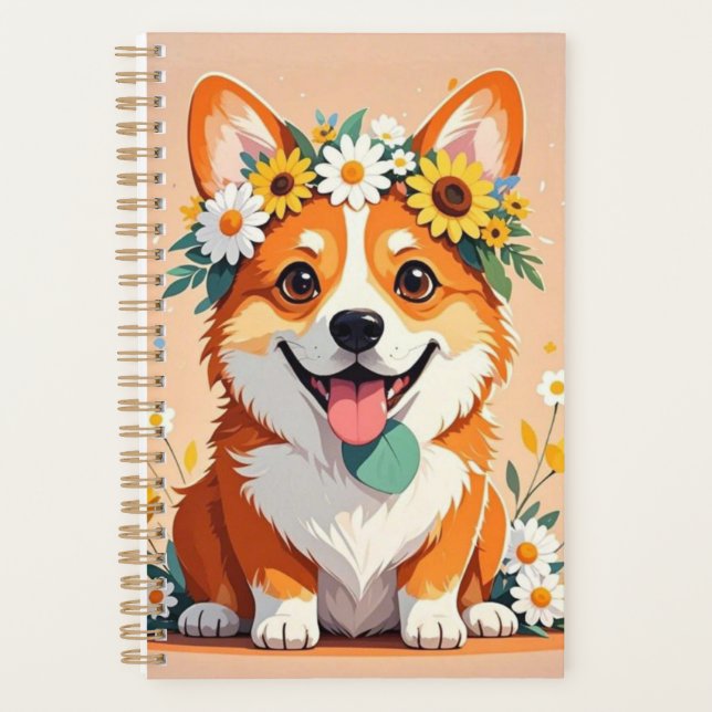 Fröhliche Corgi-Hundekrone aus Gänseblumen und Son Planer (Vorderseite)
