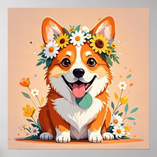 Fröhliche Corgi-Hundekrone aus Gänseblumen und Son Poster (Vorne)