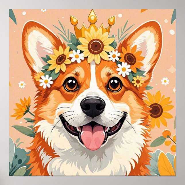 Fröhliche Corgi-Hundekrone aus Gänseblumen und Son Poster (Vorne)