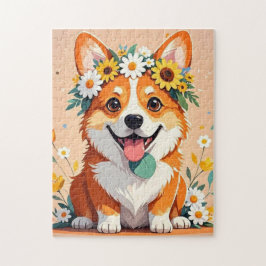 Fröhliche Corgi-Hundekrone aus Gänseblumen und Son Puzzle
