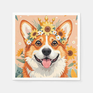 Fröhliche Corgi-Hundekrone aus Gänseblumen und Son Serviette