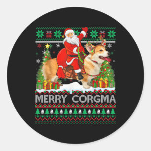 Fröhliche Corgmas Lustiger hässlicher Santa reitet Runder Aufkleber