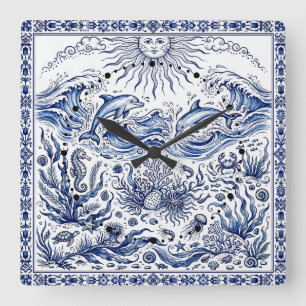 Fröhliche Delfine Fantasy-Meer Delft-Stil Blau-Wei Quadratische Wanduhr