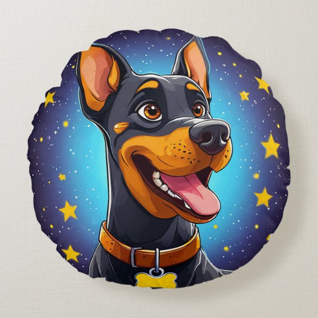 Fröhliche Doberman-Illustration Rundes Kissen (Vorderseite)