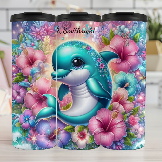 Fröhliche Dolphin Fantasy Glitzern Thermosbecher (Von Creator hochgeladen)