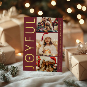 Fröhliche Drei-Foto Merlot Rot Gold Folien Feiertagskarte