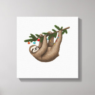 Fröhliche Faultier auf einem Weihnachtsbaumzweig m Leinwanddruck