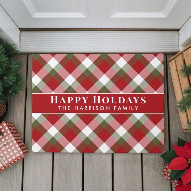 Fröhliche Feiertage Christmas Karo Fußmatte (Happy Holidays Christmas Plaid Doormat)
