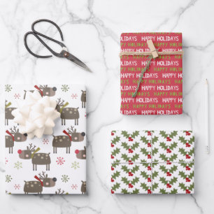 Fröhliche Feiertage Stechpalmenblätter niedliches Geschenkpapier Set