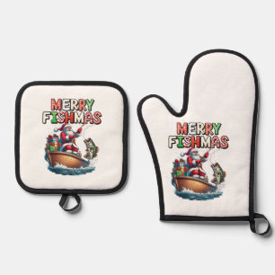 Fröhliche Fischweihnachten Santa Angler Lustiger F Ofenhandschuh & Topflappen-Set