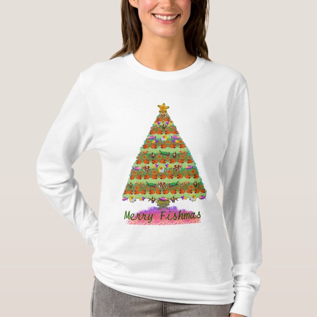 Fröhliche Fishmas Damen-langes Hülsen-Shirt T-Shirt (Vorderseite)