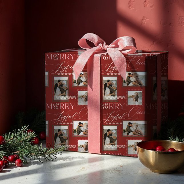 Fröhliche Freude Wavy Retro Moderne Foto Collage Geschenkpapier (Merry Joyful Cheer Wavy Retro Modern Photo Collage Wrapping Paper)