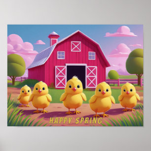 Fröhliche Frühlingsküken im Bauernhof Poster