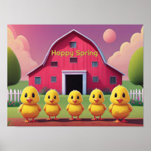 Fröhliche Frühlingsküken im Bauernhof Poster