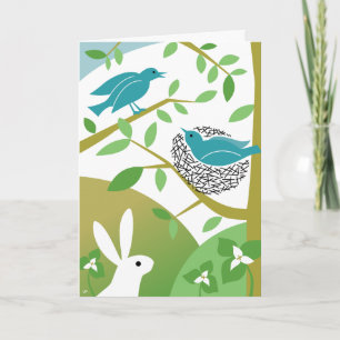 Fröhliche Frühlingsvögel & Hase Grußkarte Karte