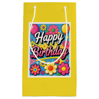 Fröhliche Geburtstagsblumen und gelbe Luftballons Kleine Geschenktüte