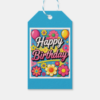 Fröhliche Geburtstagsblumen und Luftballons Blau Geschenkanhänger