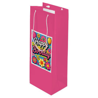 Fröhliche Geburtstagsblumen und Luftballons Geschenktüte Für Weinflaschen