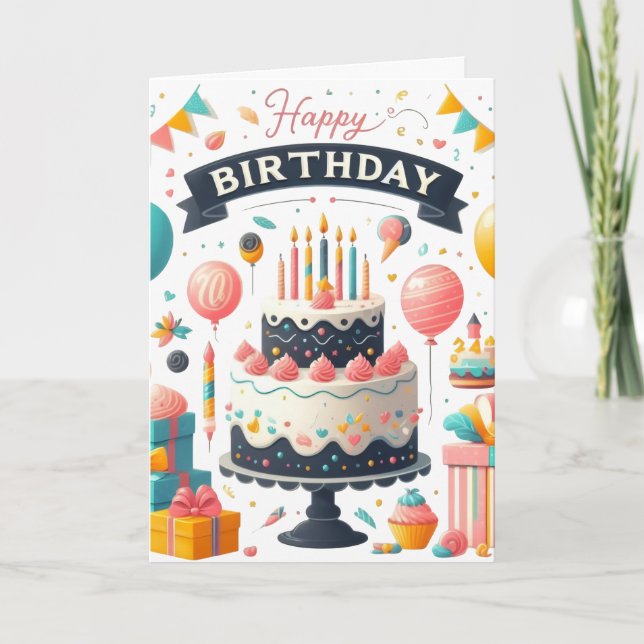 Fröhliche Geburtstagsfeier Cake & Balloons Karte (Vorderseite)