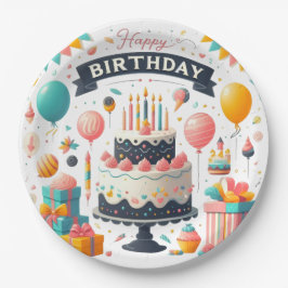 Fröhliche Geburtstagsfeier Cake & Balloons Pappteller