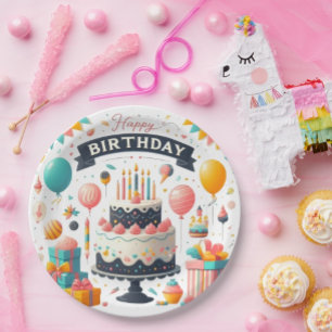 Fröhliche Geburtstagsfeier-Torte und Ballons Pappteller