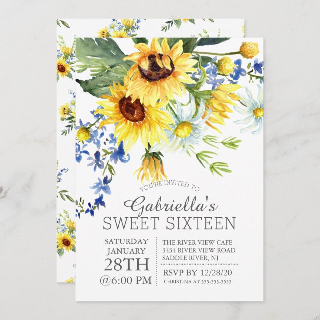 Fröhliche Gelbblüten 16 . Geburtstag Party Einladung (Vorne/Hinten)