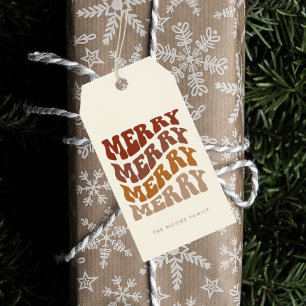 Fröhliche Groovy Wavy Brown-Typografie Weihnachten Geschenkanhänger