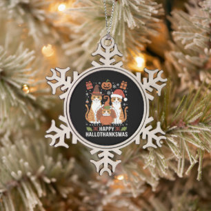 Fröhliche Hallothanksmas Katzen Halloween Weihnach Schneeflocken Zinn-Ornament