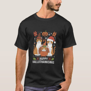 Fröhliche Hallothanksmas Katzen Halloween Weihnach T-Shirt