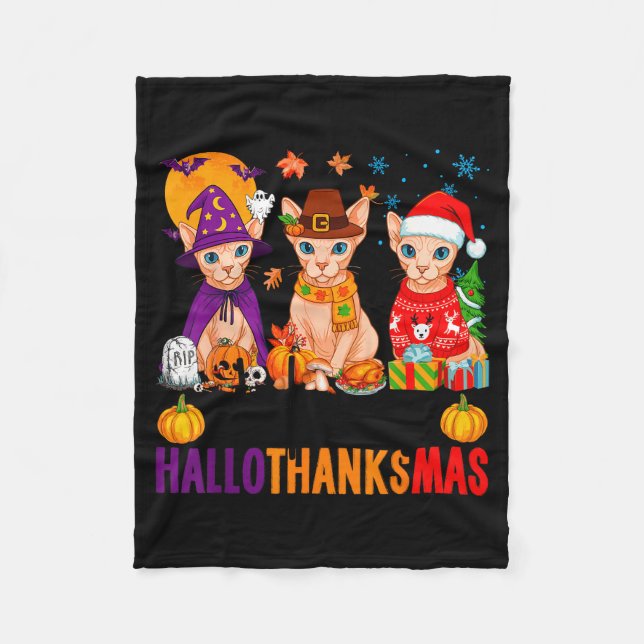 Fröhliche Hallothanksmas Sphynx Katzen Halloween D Fleecedecke (Vorderseite)