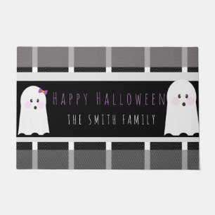 Fröhliche Halloween-Geist-Karomuster-Name Türmatte
