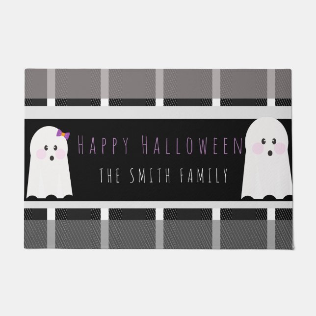 Fröhliche Halloween-Geist-Karomuster-Name Türmatte (Vorderseite)