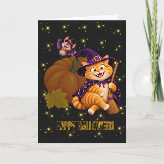 Fröhliche Halloween-Grußkarte mit dicker Katze Karte