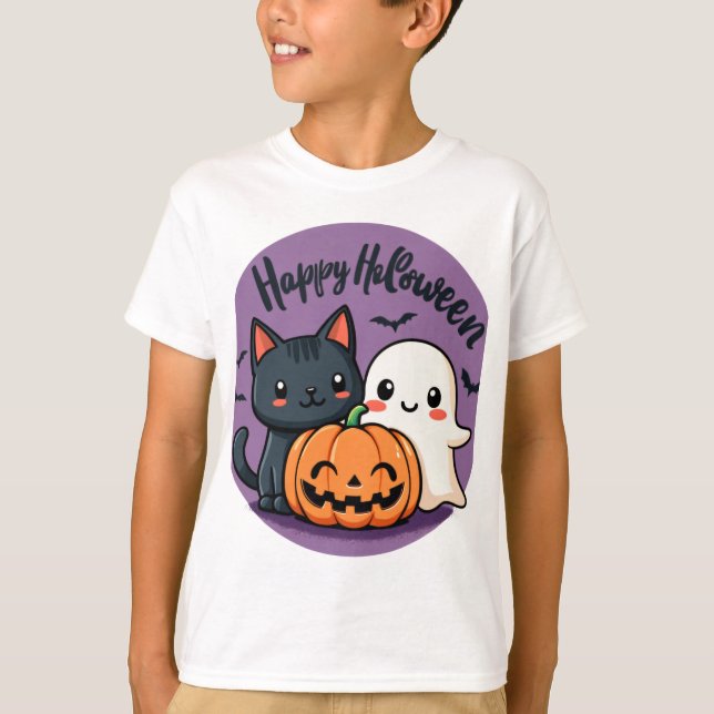 Fröhliche Halloween-Katze, Geist und Kürbis T-Shirt (Vorderseite)