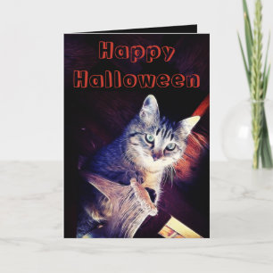 Fröhliche Halloween-Katze in Dachbalken Fotografie Karte