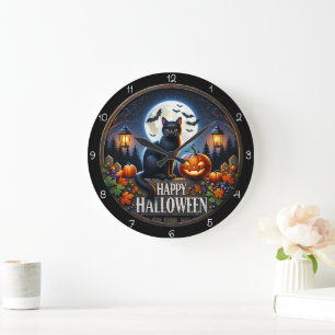 Fröhliche Halloween-Katze Kürbis Vollmond Große Wanduhr